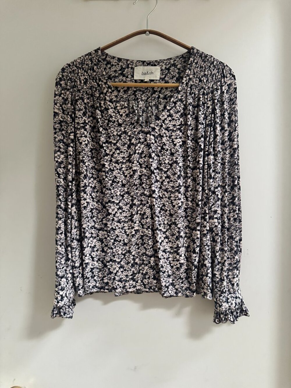 ba&sh Ditsy Floral Long Sleeve Blouse - Black & Cream, Size 2 (Small)